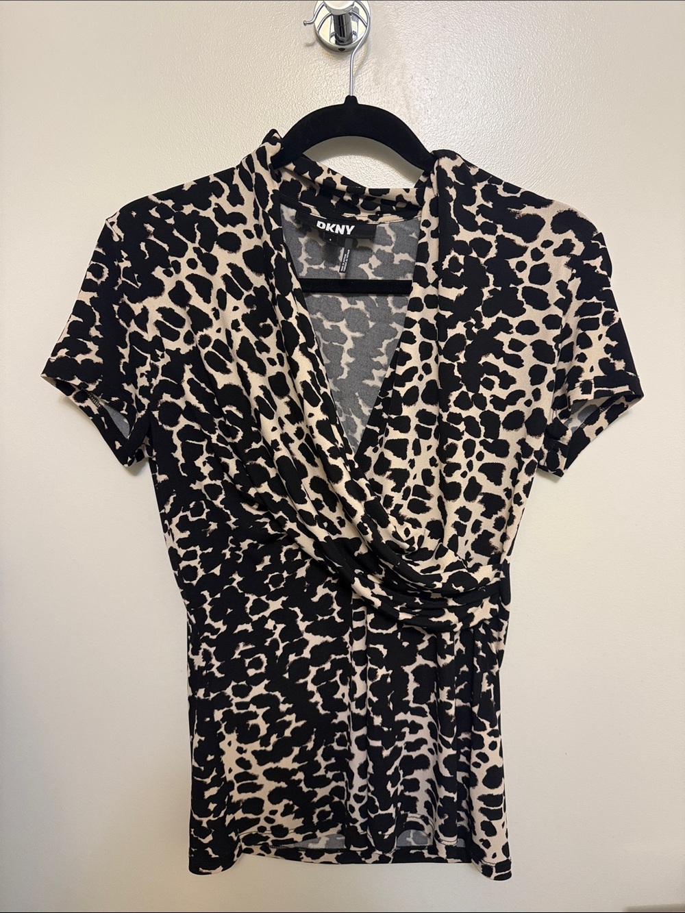 DKNY Black and Cream Animal-Print Faux Wrap Top
